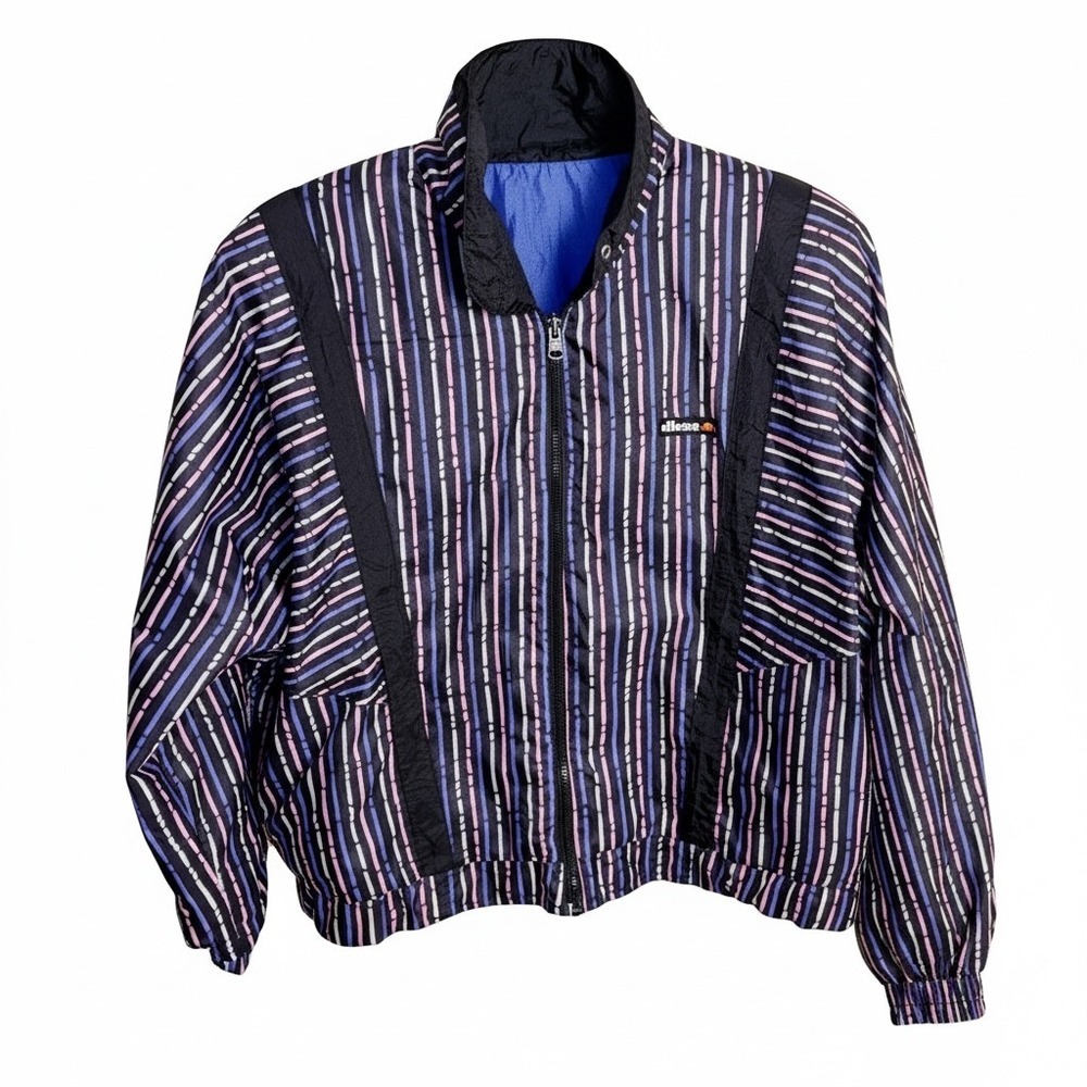 Ellesse Jacket 6W Blue Reversible Windbreaker Retro Stripe Full Zip Sporty